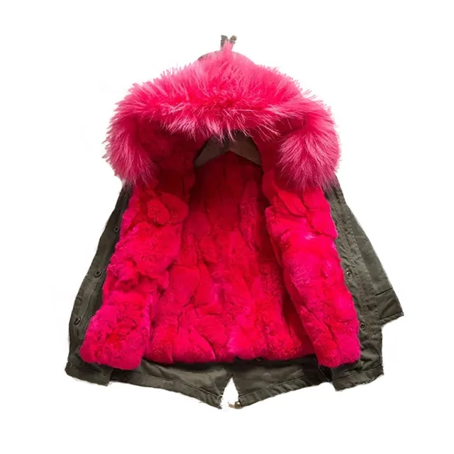 Cheap  parkas natural real rex rabbit fur lining jacket with big raccoon fur collar hoody trim winter real girl boy child kid'scoats