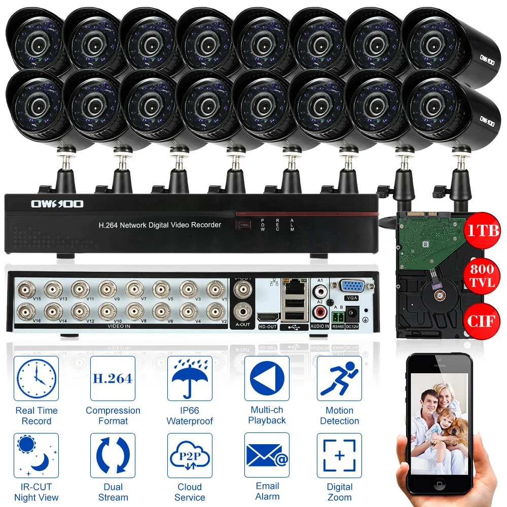 OWSOO 16CH Full CIF DVR 800TVL Outdoor Security Camera System 1TB HDD 16CH DVR Recorder HDMI P2P 16 Night Vision CCTV Camera Set