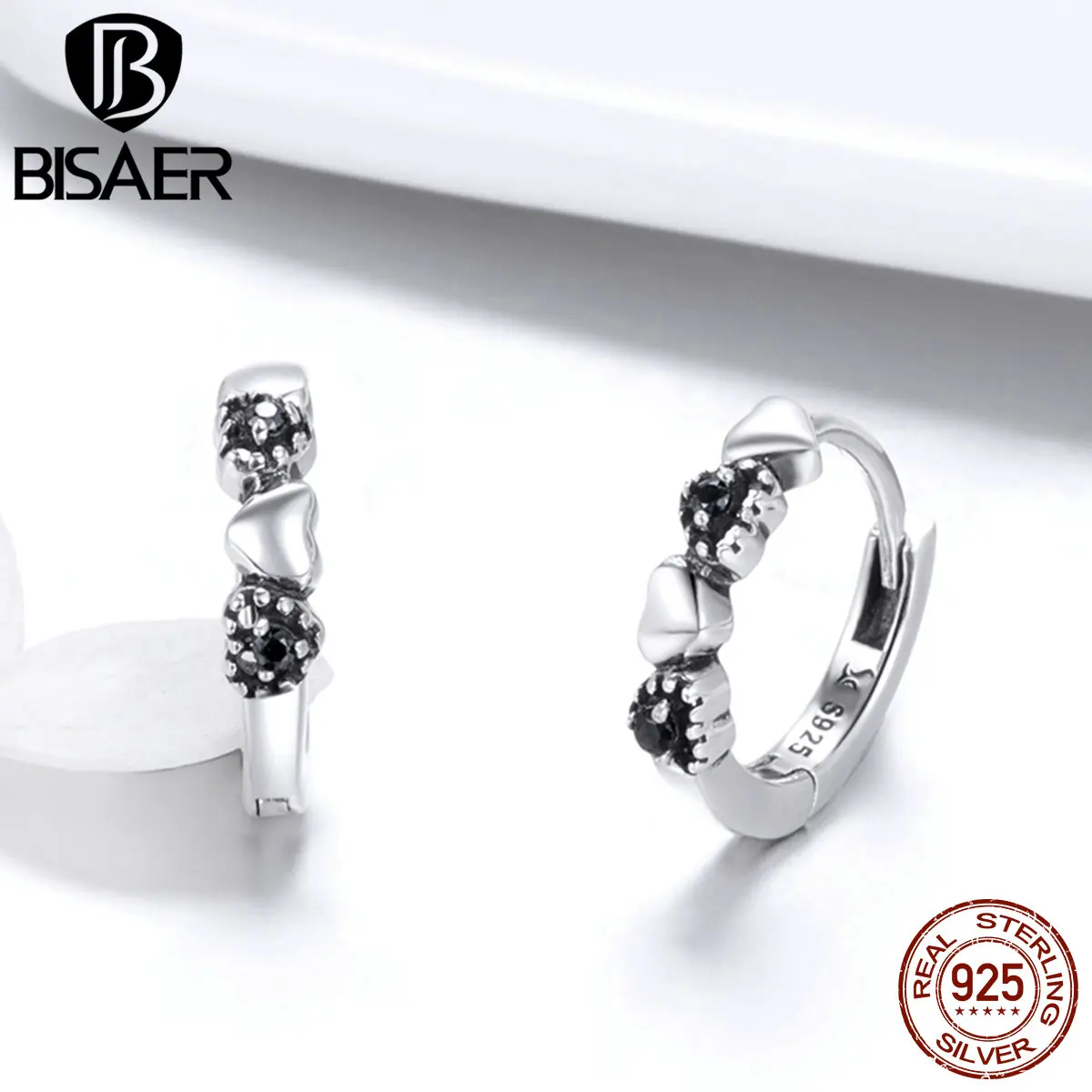 BISAER, 925 пробы, серебряные, с сердцем, круглые серьги-гвоздики для женщин, черный, Круглый Фианит, модные серьги, ювелирные изделия, Brincos ECE445