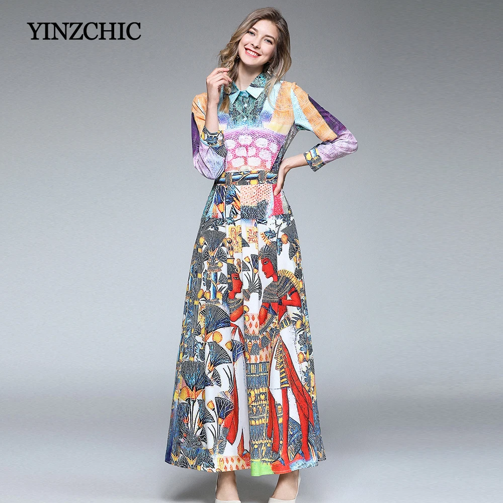 Quality Womans Printed Maxi Dress Turn Down Female A Line Party Dresses