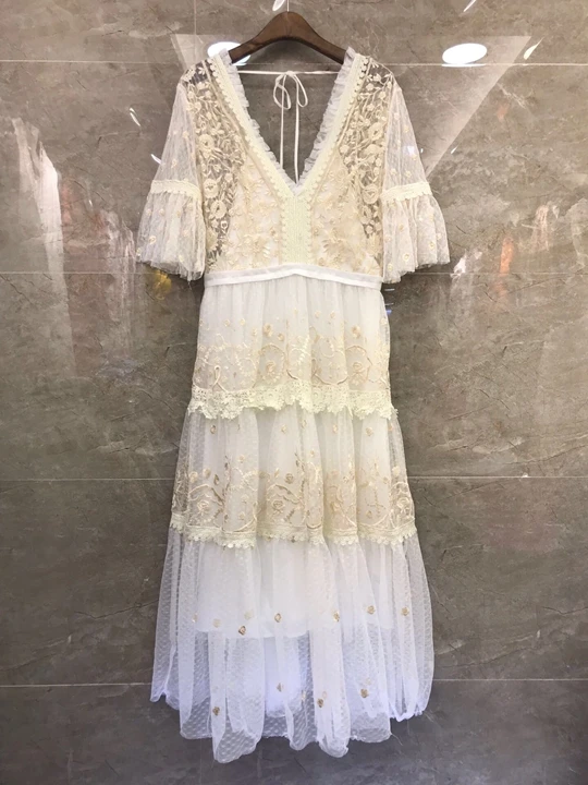 

Summer 2019 New Woman Deep V-necktie Embroidery Mesh Stitching Short Sleeve Long dress 626