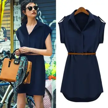 

Fashion Summer Style Dress Women Casual V-neck Short-Sleeved Shirt Loose Chiffon Mini Dress with Belt Soil Khaki,Navy Blue