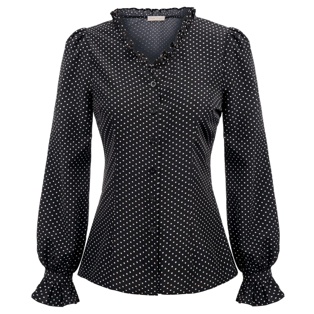 

gothic blouse Women Vintage shirt Polka Dots Long Sleeve V-Neck Button Placket party evening club work office Shirt ladies Tops