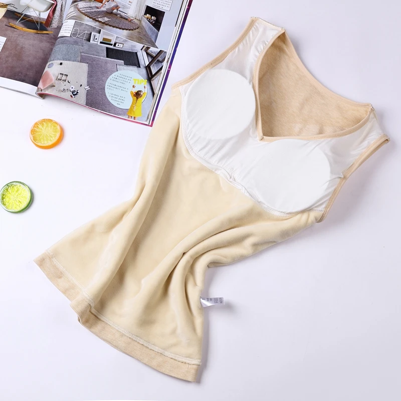 

Sleeveless Thermal Underwear With Chest Pad Women V-Neck Body Top Velvet Thick Duplex Warm Vest Sexy Lingerie Basic Tank Tops
