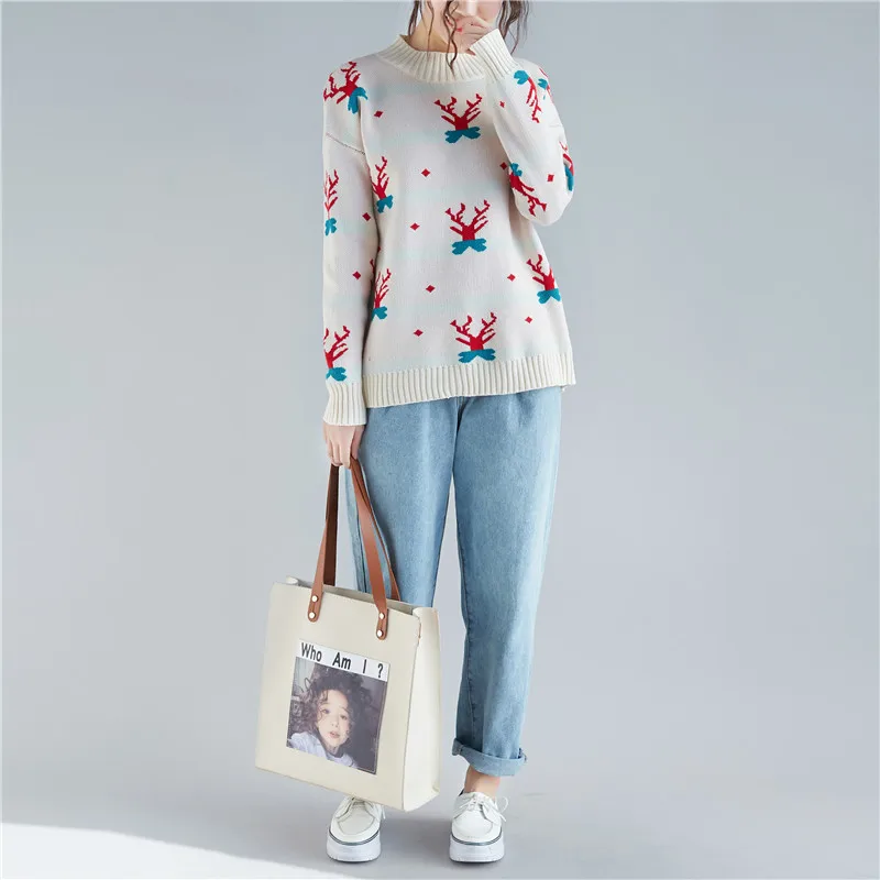 

2019 Women Sweaters And Pullovers Autumn Winter Long Sleeve Thick Warm Deer Jacquard Christmas Head Casual Loose Knitted Sweater