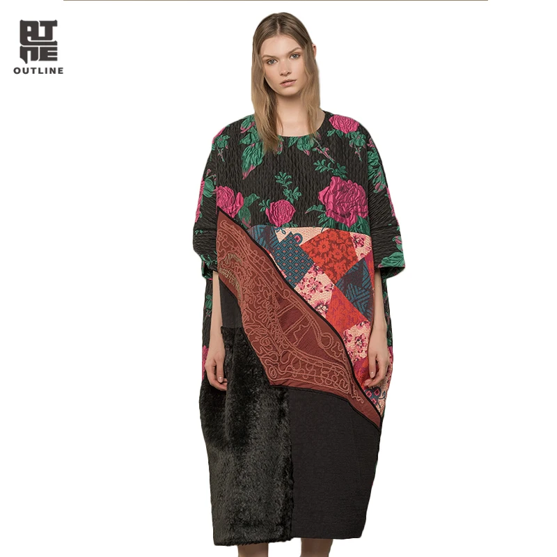 

Outline Women Causal Autumn Winter Print Dresses Vintage Pullover O-Neck Robe Patchwork Pockets Loose Mid-Calf Vestidos L174Y020