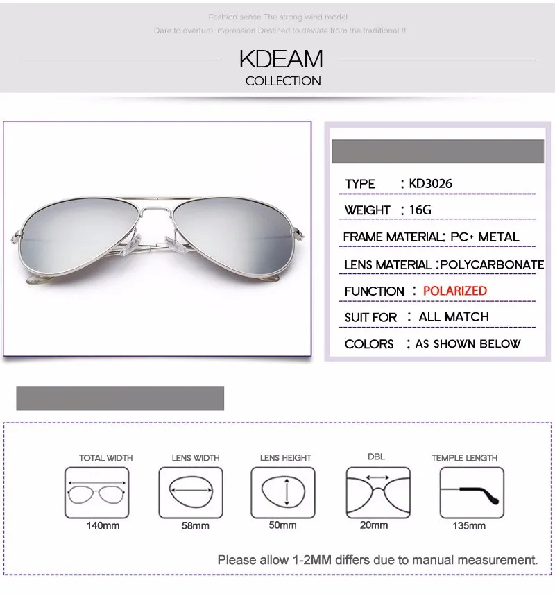 KDEAM Поляризационные солнечные очки пилота мужские цветные очки для вождения летние женские солнцезащитные очки с футляром большого размера 58 мм KD3026