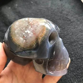 

Cheap 0.4kg rare natural agate geode quartz healing crystal skull head carved for spirit home decoration free shipping JM