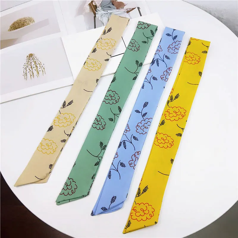 

2019 New Summer Long Skinny Hair Tie Scarf Multifunctional Love Heart Stripe Printed Silk Head Scarfs for Women Handbag 5x90cm
