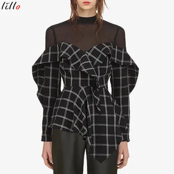 

Black and white Plaid stitching lining SP new mesh stitching chiffon shirt female high waist was thin irregular a word version