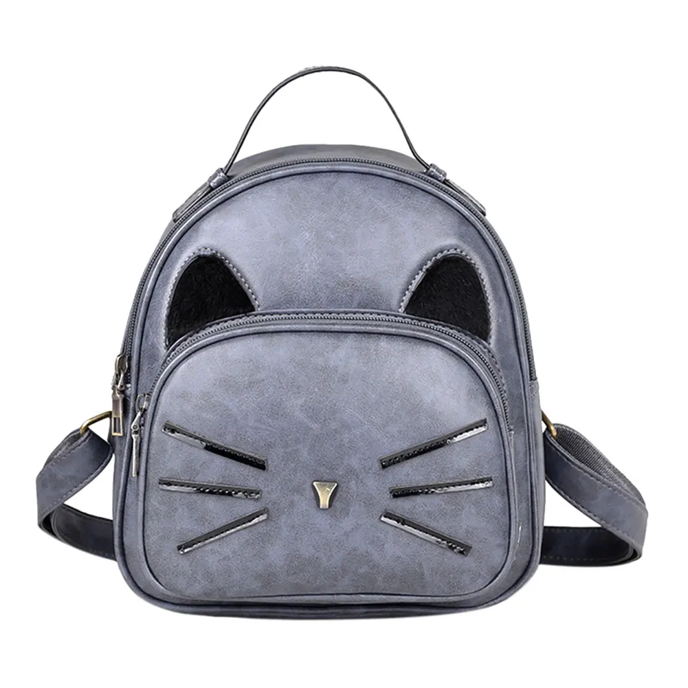 Cute Cartoon Cat Women Backpack PU Leather Backpack Cat Printed Backpack School Bags for Teenage Girls Small Travel Rucksack