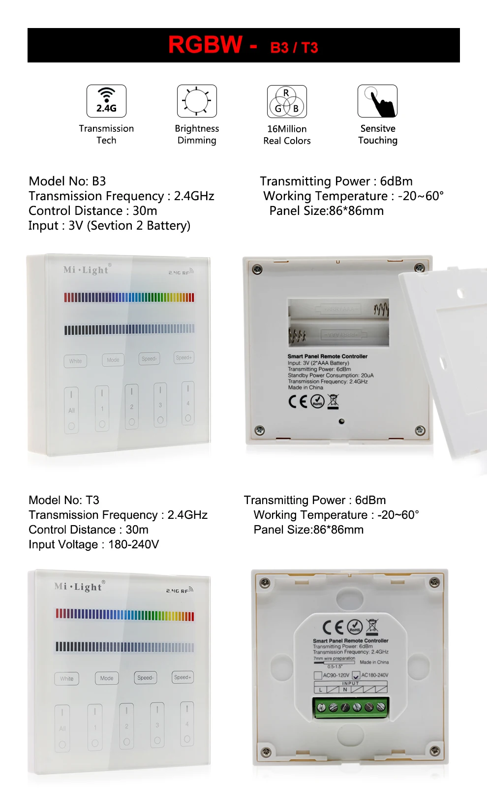 Ми свет сенсорная смарт-панель контроллер T1 T2 T3 T4 B1 B2 B3 B4 для одного Цвет двойной белый RGBW RGBCCT Светодиодные ленты/Панель свет/лампы