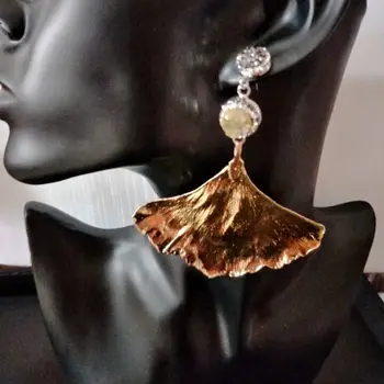 

Trendy Ginkgo Leaf Plated Gold Silver Dangle Earrings 2017 Vintage Nature Stone Drop Earrings for Women Long Big Earring Jewelry