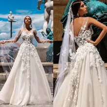 Красивые 3D цветок Свадебные платья бежевый v-образный вырез сзади кружева А-силуэт Свадебные платья на заказ Красивая пачка vestidos De Novia