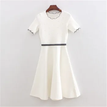 

Fashion new knitted dresses European and American splice stripes hollow round collar medium long trim A dress dress