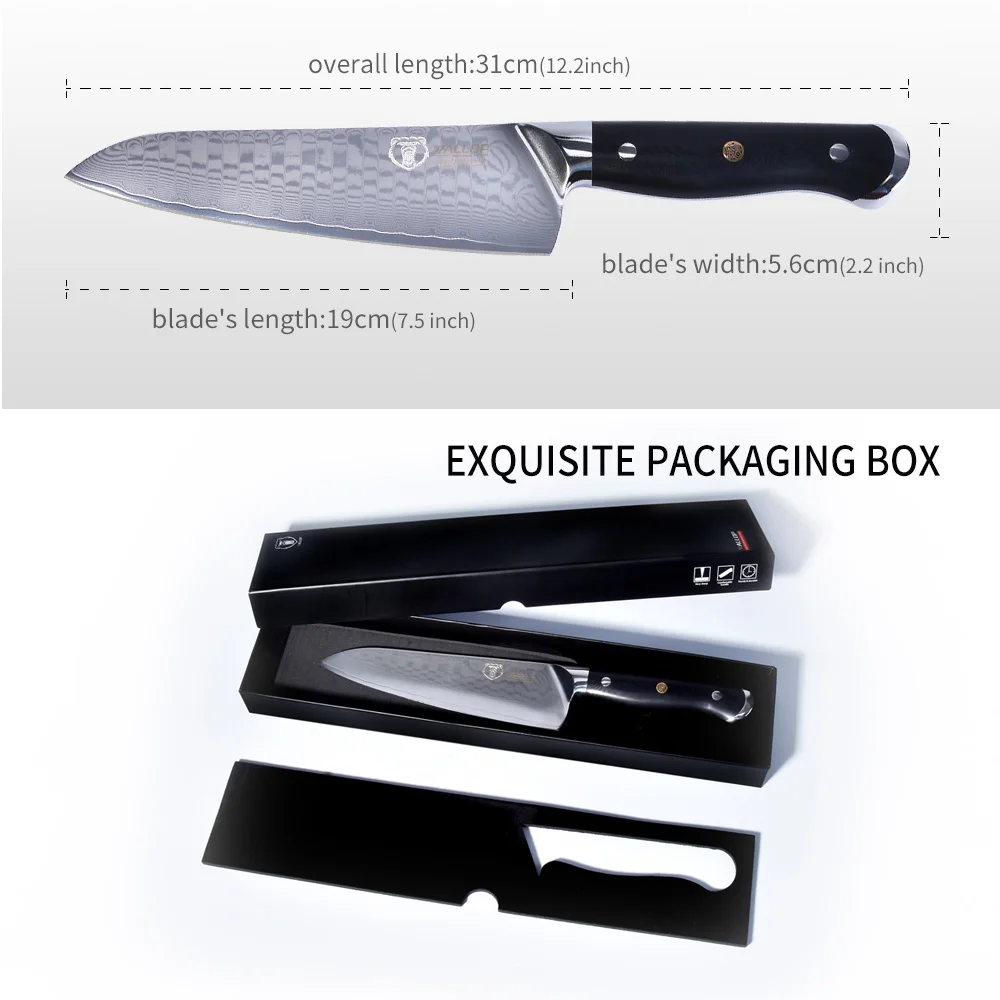 Wallop Santoku нож-японский стиль Дамаск HC нержавеющая сталь кухонный нож шеф-повара-Нескользящая эргономичная ручка G10-7,5''