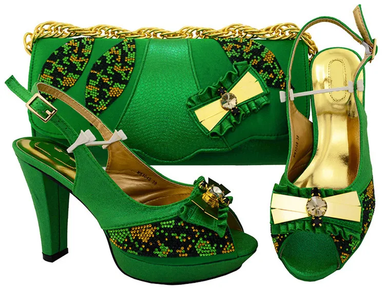 

Most popular green women pumps with rhinestone and big crystal bowtie design african shoes match handbag set for dress MM1048