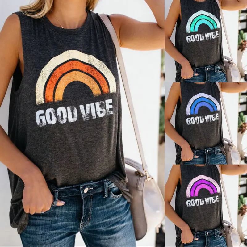 Hot 2019 Streetwear Woman Clothes Tanks Camis Explosion Round Neck Sleeveless Rainbow Print Casual Women's Vest Tank Top TB13