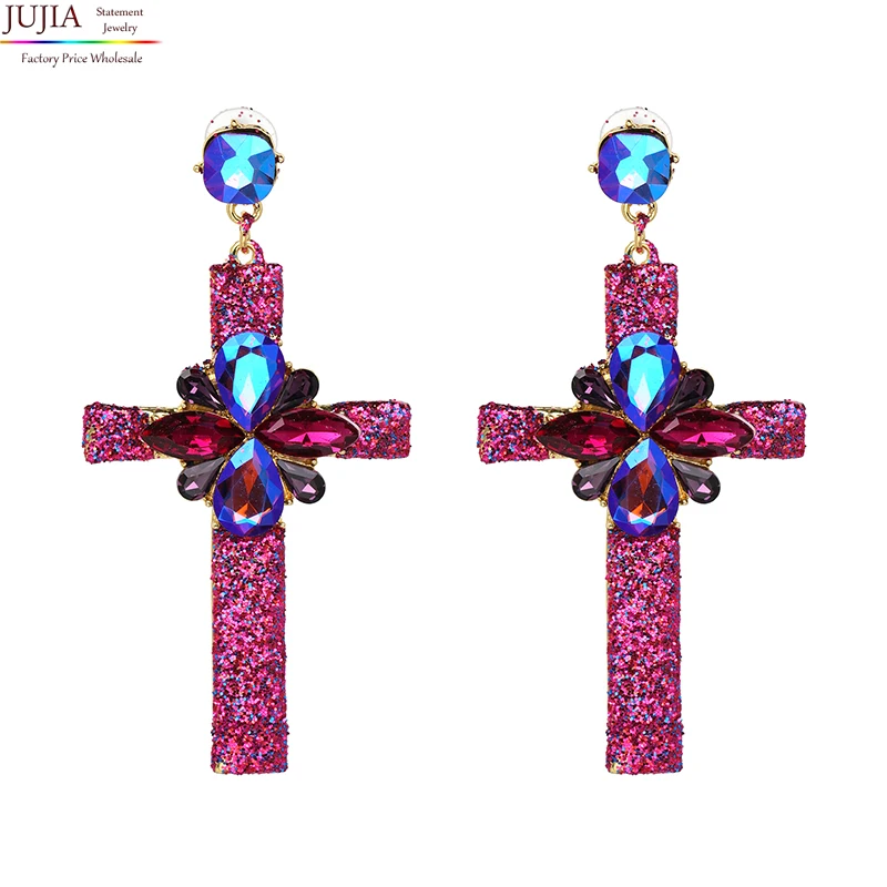 

JUJIA 2019 Hot Earring Jewelry good quality Crystal Multicolor Special Bohemia Big long CROSS EARRINGS oorbellen Wholesale