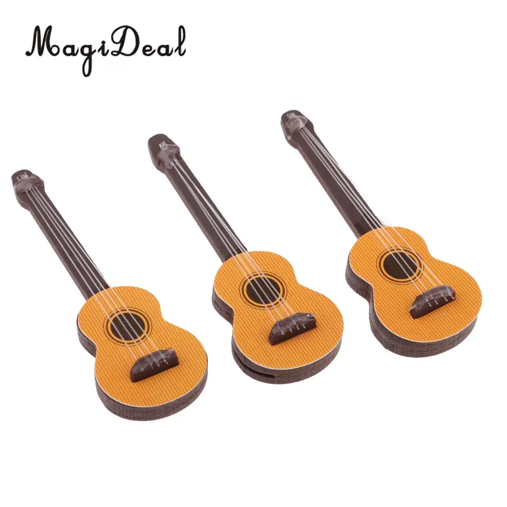 Set of 3 Pieces Handcrafts Miniature Wooden Guitar for 1/12 Dolls House Life Scenes Decor Accessories
