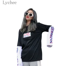 Lychee модная женская футболка с буквенным принтом из двух частей, женская футболка с длинным рукавом и круглым вырезом, Повседневная Свободная футболка