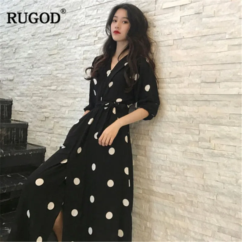 RUGOD 2019 الربيع الصيف النساء اللباس الخامس الرقبة نقطة خمر اللباس نصف الأكمام منتصف العجل مع الزنانير موديس موهير Vestidos