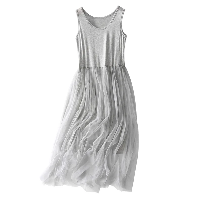 

Summer Mesh Suspender Bottom Dress Modal Loose Pure Color Inner Lap Stitching Large Lace Vest Dress Women Plus Size Elastic Girl