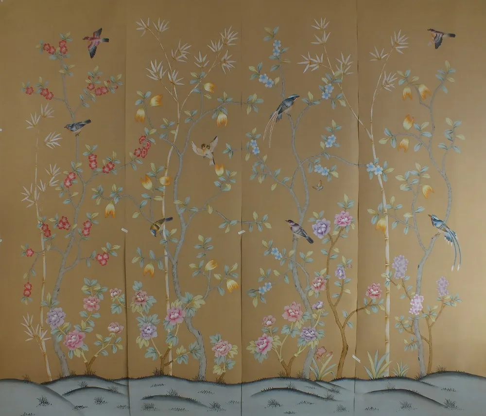 

Classic elegant Hand-painted silk wallpaper Customized painting flowers with birds and bamboo many patterns/background optional