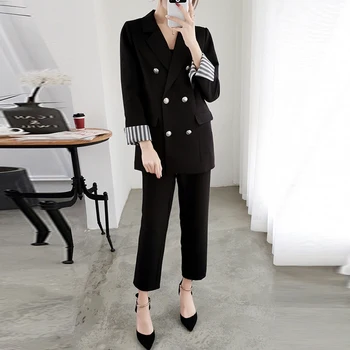 

Work Fashion Pant Suits 2 Piece Set for Women Double Breasted Oversized Blazer Jacket & Trouser Office Lady Suit Feminino 2019