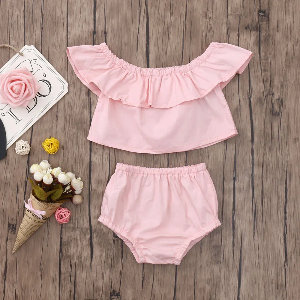 

Infant Baby Girls Sleeveless Off Shoulder Solid Tops Solid PP Shorts Outfits Set Kids Out Sunsuit Outfits 6M-24M Summer Sundress