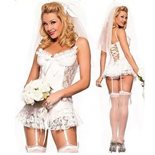 Womens Sexy Lace Bride Lingerie Sets Nightwear Underwear Babydoll Sleepwear Nightdress Headwear Veil Ladies Costume Summer