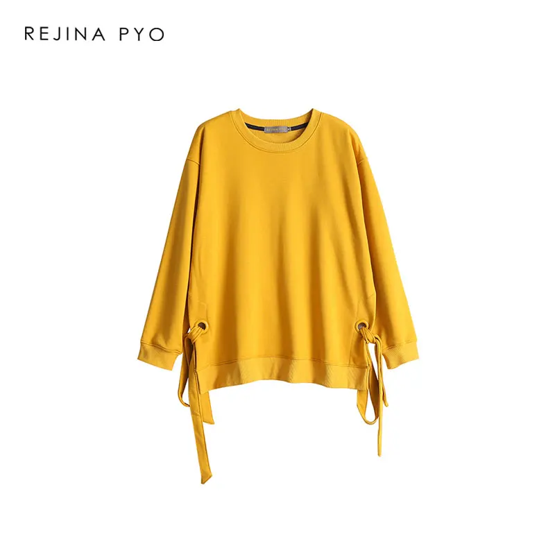 Online REJINAPYO mujer algodón suelto sólido todo fósforo sudaderas cuello redondo arco Drawstrings dividido moda Streetwear Pullovers nueva llegada