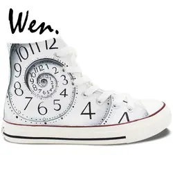 Вэнь Белый Высокая парусиновая обувь оригинальный дизайн время часы граффити живопись человек женщина Ручная роспись обувь кроссовки на