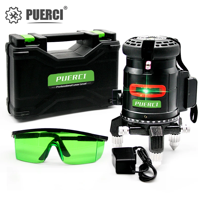 

PUERCI 5 Lines 6 Points Green Laser Level Automatic Self Leveling 360 Vertical&Horizontal Tilt & OutdoorPU Mode can use Receiver