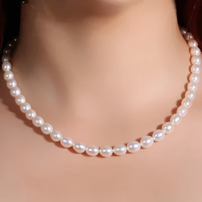 Women Gift word 925 Sterling silver real Mail pony natural freshwater pearls, rice shaped necklace, 9-10MM luxury authentic, str