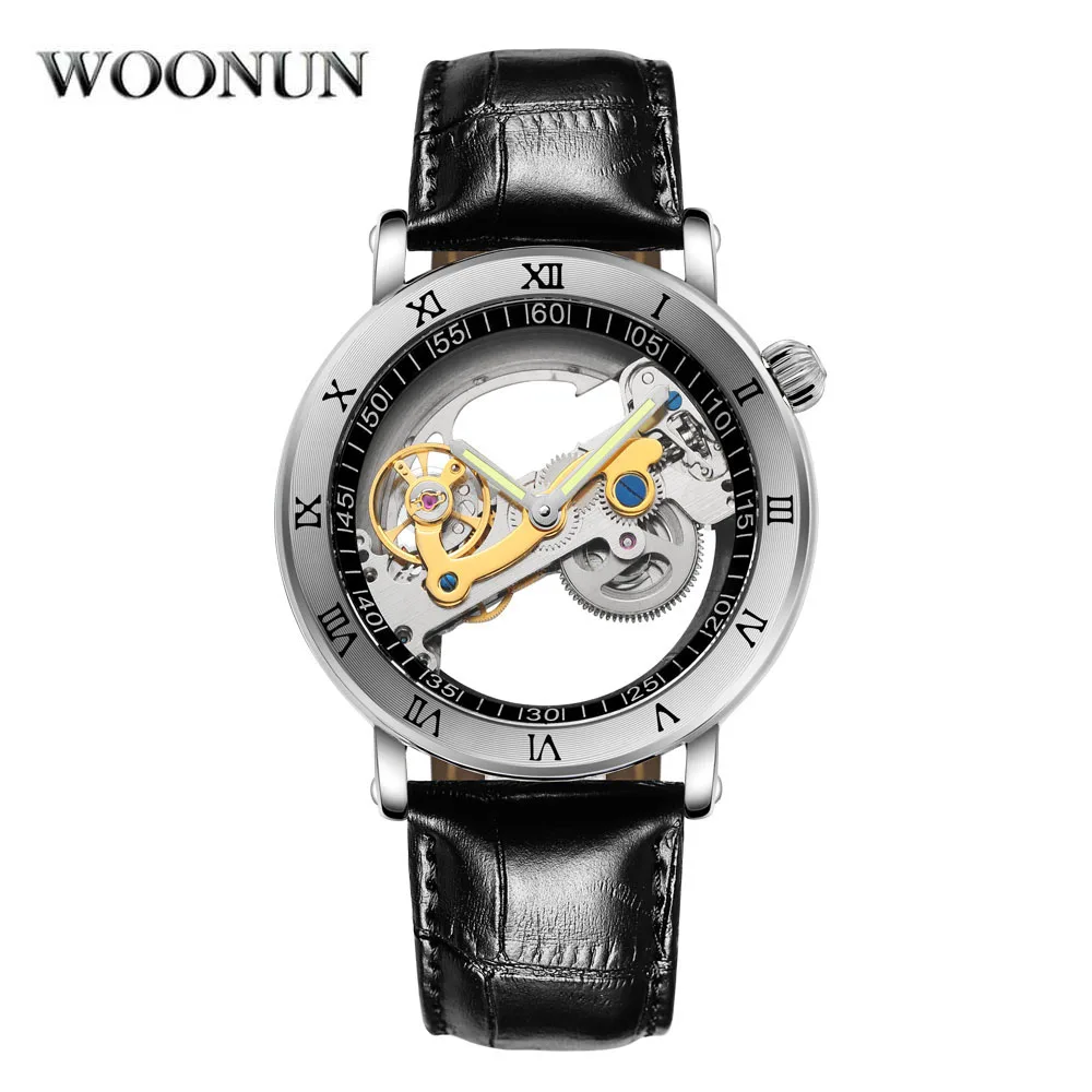 luxury mechanical watch cheap Luxury Brand WOONUN Leather Strap Transparent Dial Golden Case Mens Watches Automatic Mechanical Orologio Men mechanical watch movement