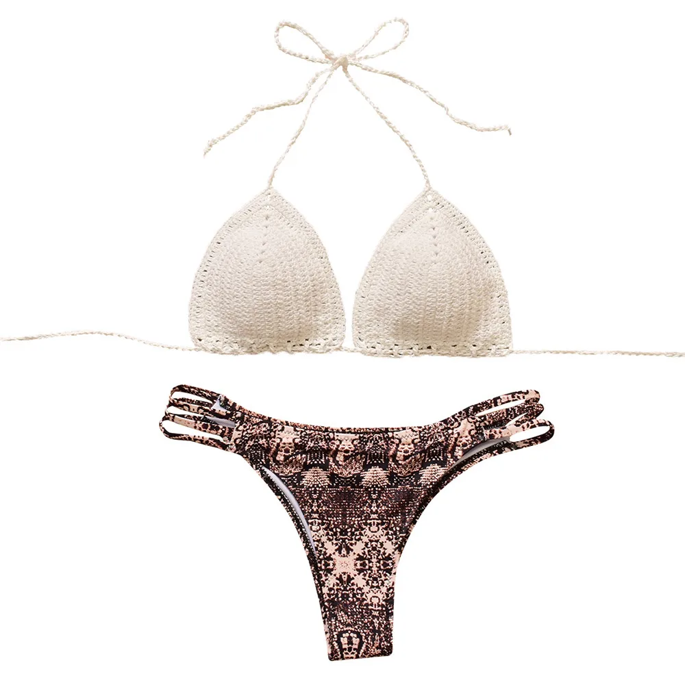 

2019 Brand Swimwear Hot Sale Padded Bra Spaghetti Strap suits Summer Women's Sexy Bikini Bohemian Swimsuit Knitting Swimwear Set