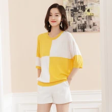 НОВАЯ Трикотажная Женская тонкая футболка Летняя Повседневная Топ с рукавами «летучая мышь» крутая льняная Женская Лоскутная рубашка