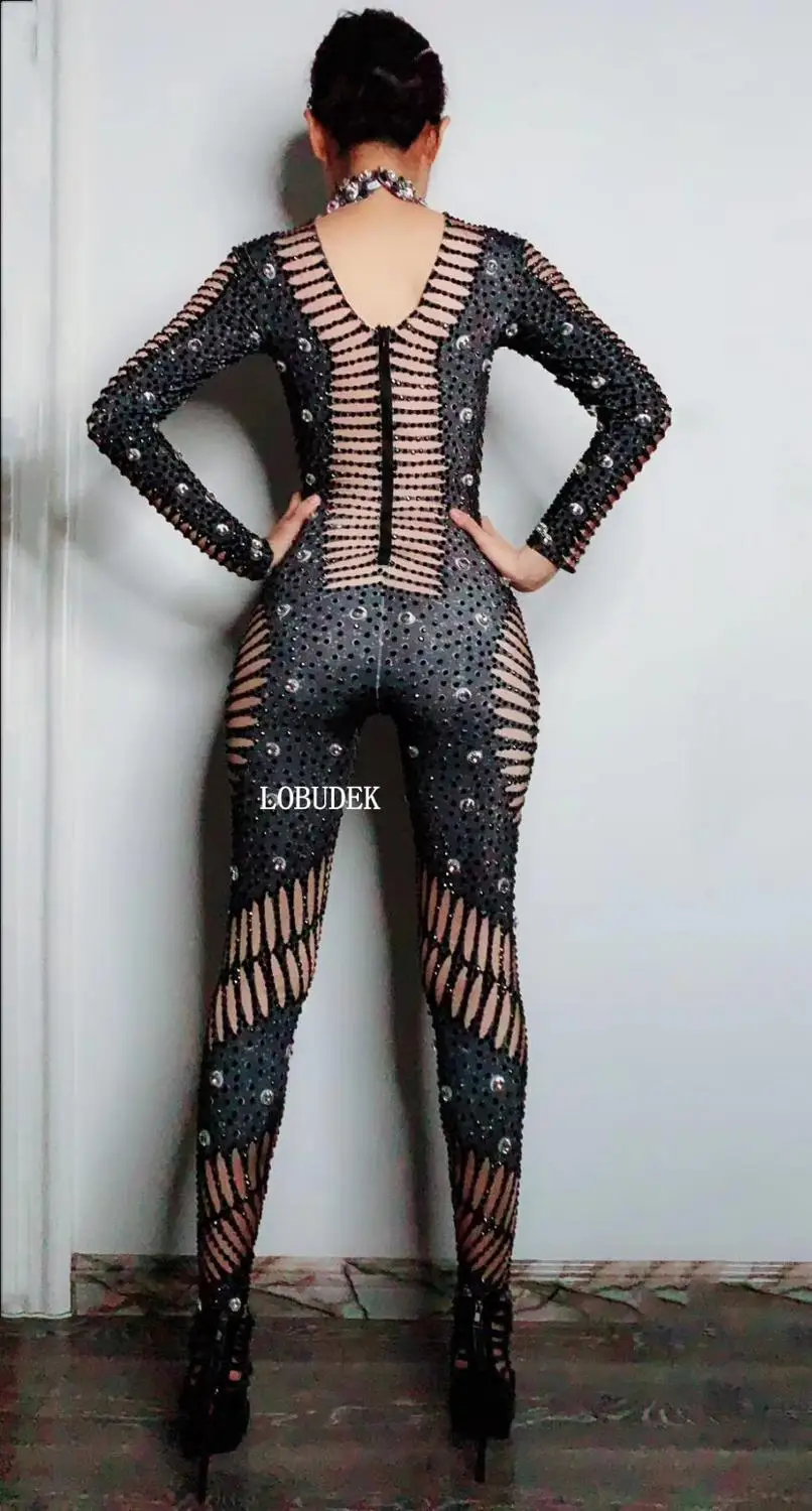 Блестящий черный облегающий комбинезон со стразами с 3D принтом, длинные рукава, колготки для выпускного вечера, вечерние женские комбинезоны, концертный костюм певца