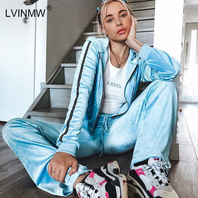 LVINMW Casual Velvet Two Piece Set Zip Side Striped Pocket Hoodies Female High Waist Drawstring Slim Pants Tracksuit Women New