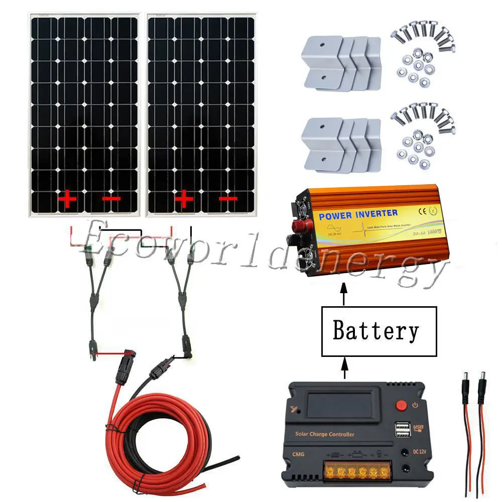 

200W Off Grid System Kit 2x 100W Mono Solar Panel& 1KW Inverter 20A Controller