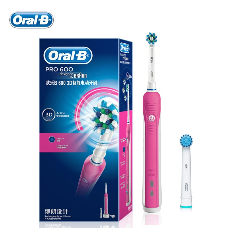 Oral B cepillo de dientes eléctrico PRO600 D16 para adulto, cepillo de dientes eléctrico con temporizador, soporte y 2 cabezales, color rosa y azul|tooth brush|toothbrush electrictoothbrush electric oral b -