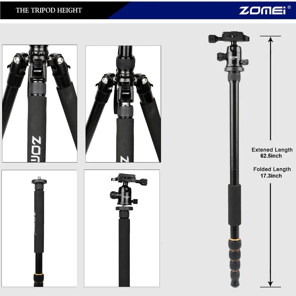 ZOMEI Q666 Портативный Профессиональный дорожный треножник для камеры алюминиевый штатив-монопод с шаровой головкой для цифровой зеркальной камеры Nikon Canon sony Цифровая зеркальная фотокамера sony Камера