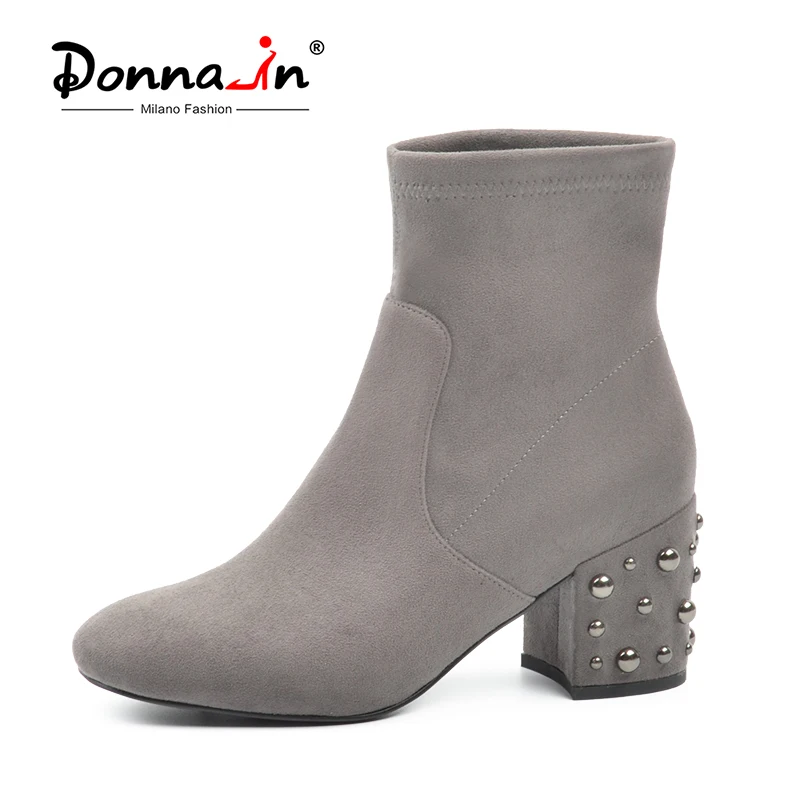 

Donna-in Autumn Spring Ankle Boots Women Stretch High Heels Square Toe Female Boots Stock Rivet Shoes Women 2018 New Arrival