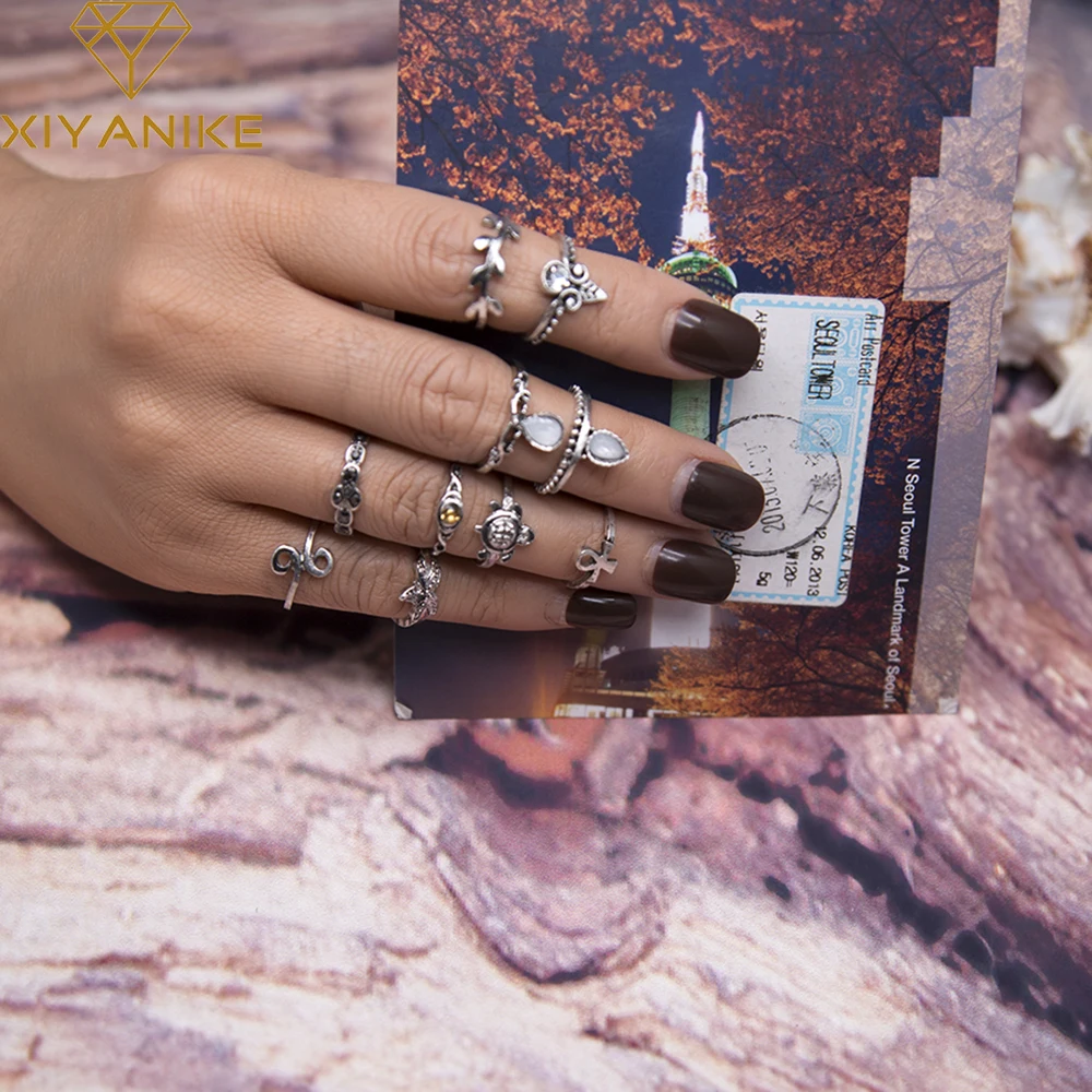 XIYANIKE Vintage 10 Pieces/Lot Turkish Knuckle Rings Geometric Tortoise Color Midi Sets Jewelry For Women Gift R94 | Украшения и