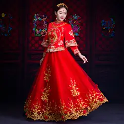 Китайский красный женский феникс Qipao классический вышивка невесты Сетчатое платье большой размеры Восточный Стиль Свадебные Cheongsam костюм