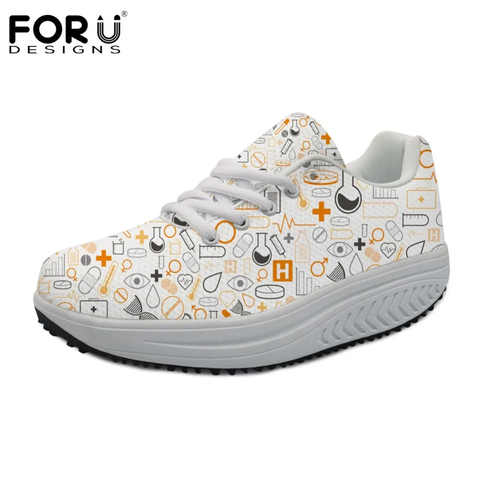 

FORUDESIGNS Cute Medicine Bottle Print Womens Swing Shoes Nursing Lace up Height Increasing Shoes for Woman Nurse Platform Shoes
