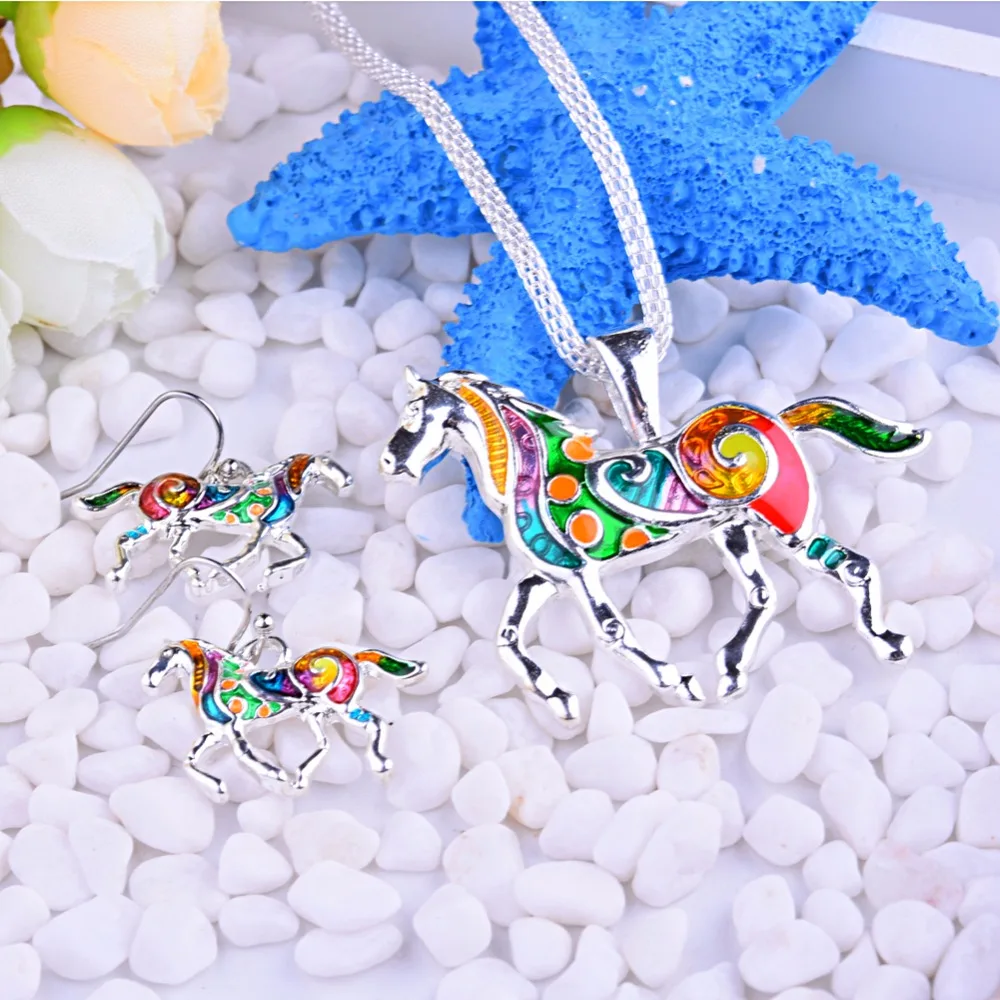 Веер, классический Серебряный и голубой комплект с ожерельем в виде лошади, модные детские Ювелирные наборы для женщин и мужчин, подарок на день рождения