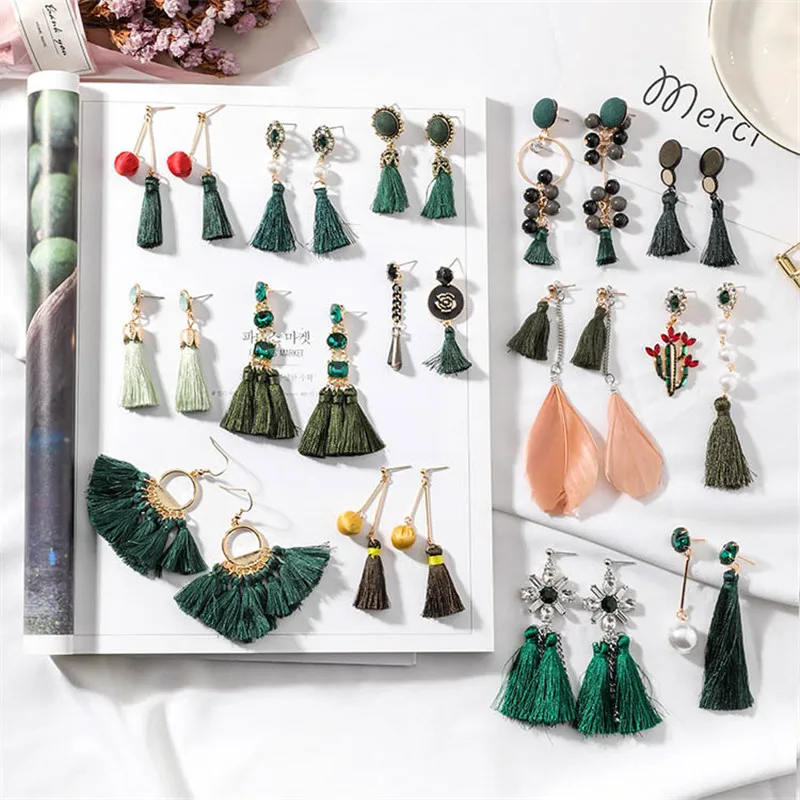

Statement Long Tassel Drop Earrings Bohemia Star Green Fringed Dangle Earrings Jewelry Geometric Gift Korean pendientes