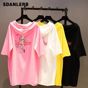 

Summer New Women Students Loose Medium Long Printed T-shirt Casual Cartoon Hooded Shirt Female Letters Pullover Tops